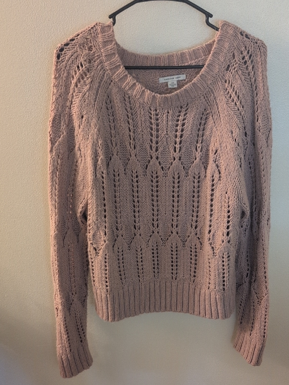 American Eagle Outfitters Dusty Rose Open-Knit Crewneck Sweater